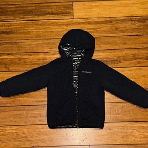 Columbia Reversible Black Hooded Jacket with Striped Lining